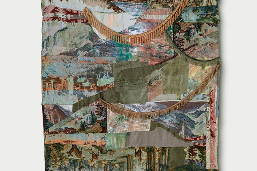 Ina Bierstedt, 2024, MUDDY WATERS, tapestries, camouflage fabrics, painting cloths, fringes, 270 x 205 cm, photo Gunter Lepkowski